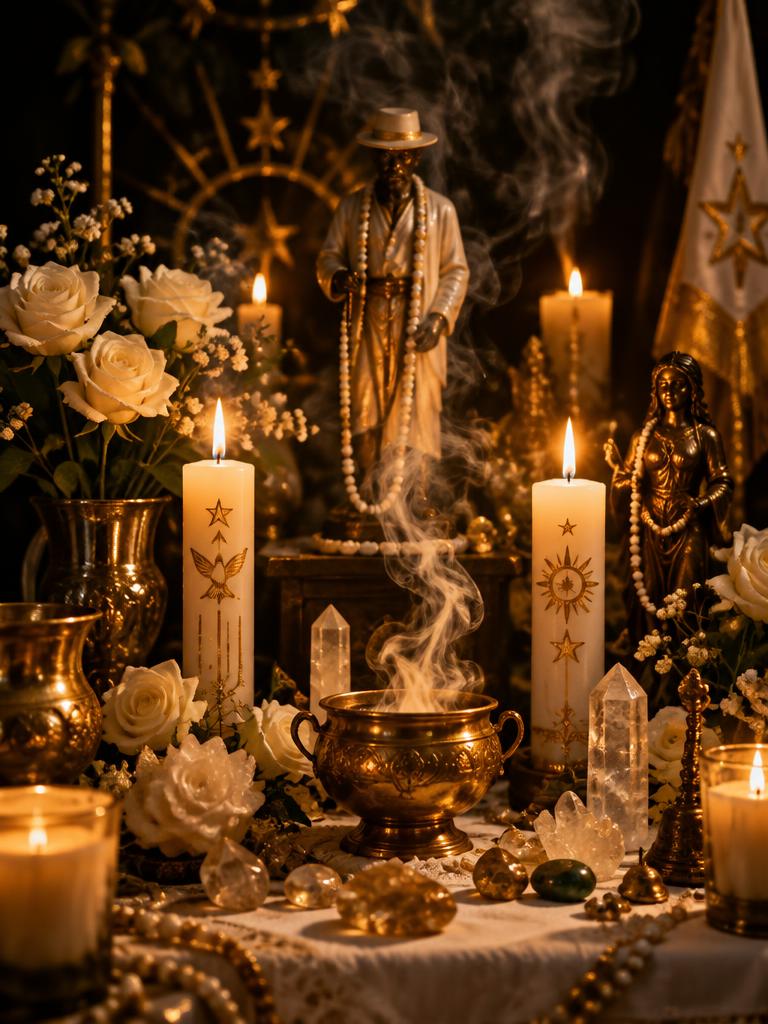 Altar consagrado com velas, rosas e cristais