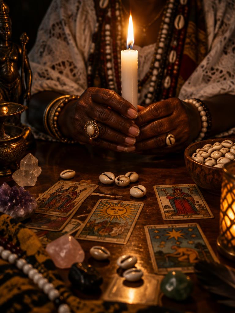 Consulta espiritual com vela acesa, cartas de tarot e búzios