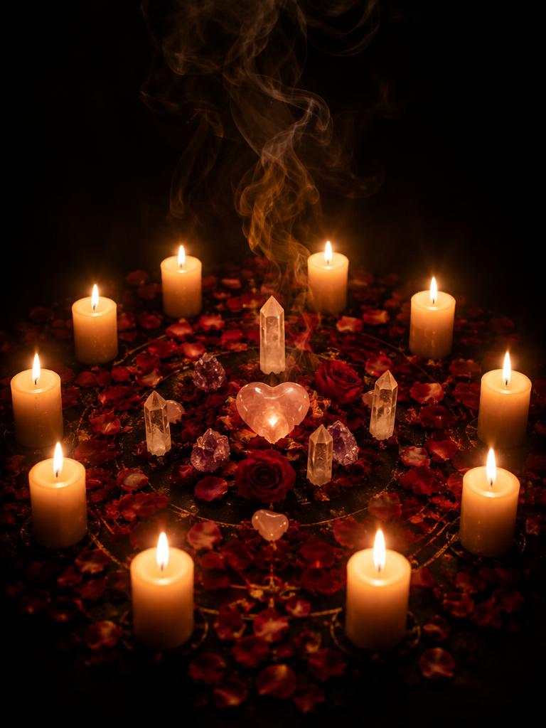 Círculo de velas acesas em ritual de amor