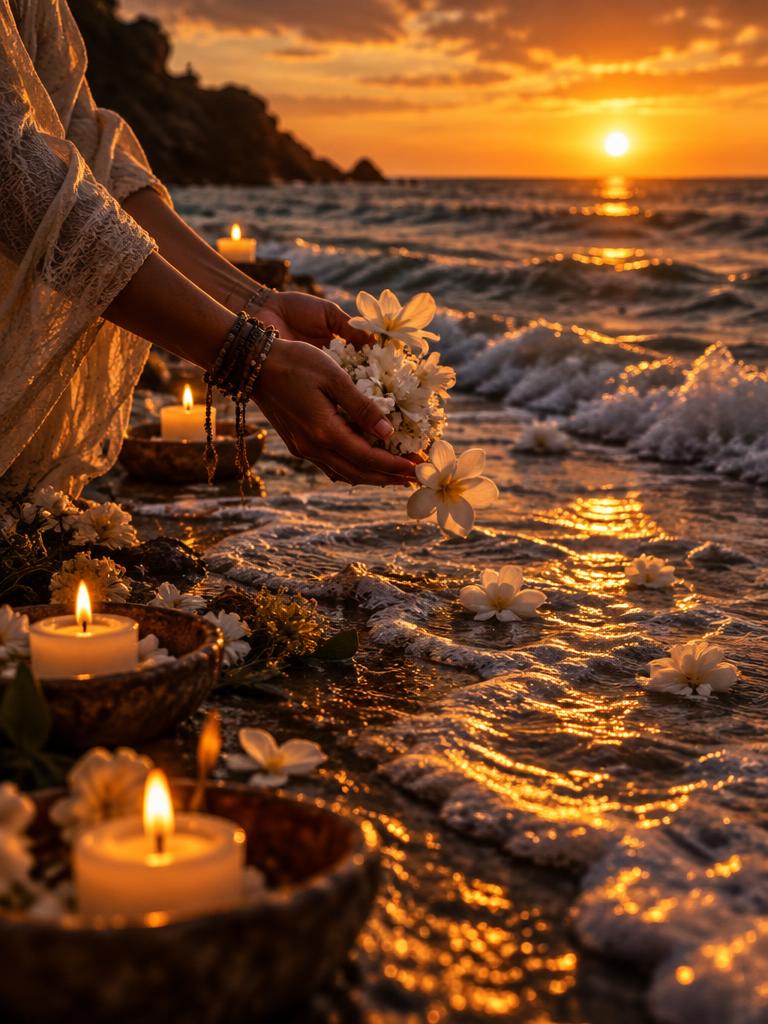 Oferenda de flores e velas ao mar ao pôr do sol